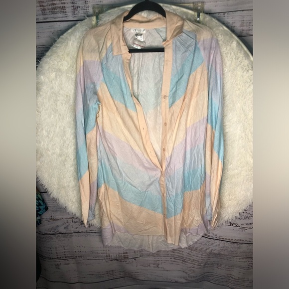 VENUS Cream Blue and Purple Linen Shirt Dress Coverup size Small NWOT - Picture 6 of 12